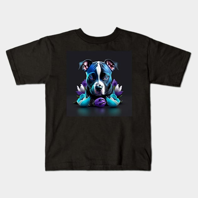 Staffy Enjoys Flowers Kids T-Shirt by Enchanted Reverie